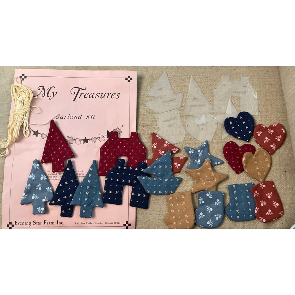 My Treasures Garland Kit Tree House Boat Stocking Heart Calico Cotton Fabric Vtg